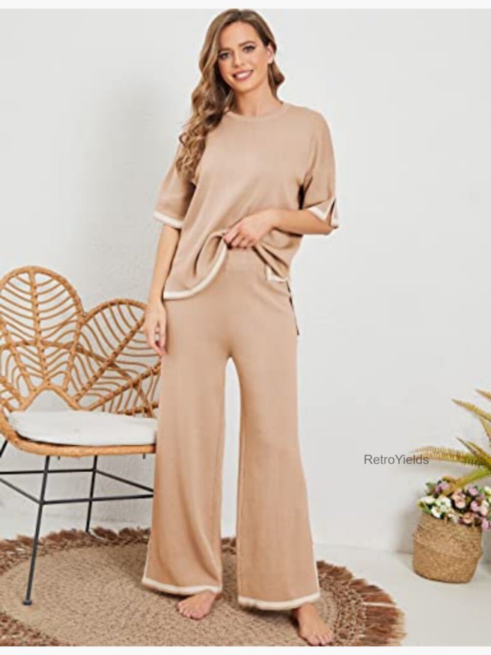 Women's 2-Piece Lounge Set Short Sleeve Knit Pullover Wide Leg Pants - Picture 2 of 7